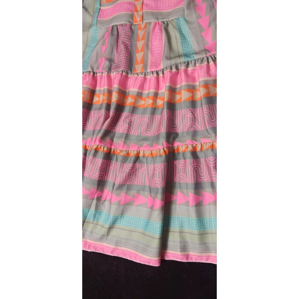 Boho Linen Blend Tiered Bell Sleeve Tunic Dress Small Aztec Geometric Lagenlook - Picture 8 of 11